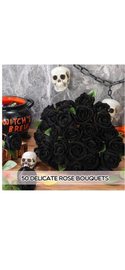 50 Pcs Artificial Silk Roses Bulk with Long Stem,Black Realistic Fake Roses Bulk for Wedding Centerpieces, Home Decor, Party Decoration, Faux Bouquets