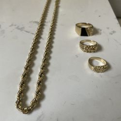 10k Gold Rope Chain And 14k Nugget Rings 