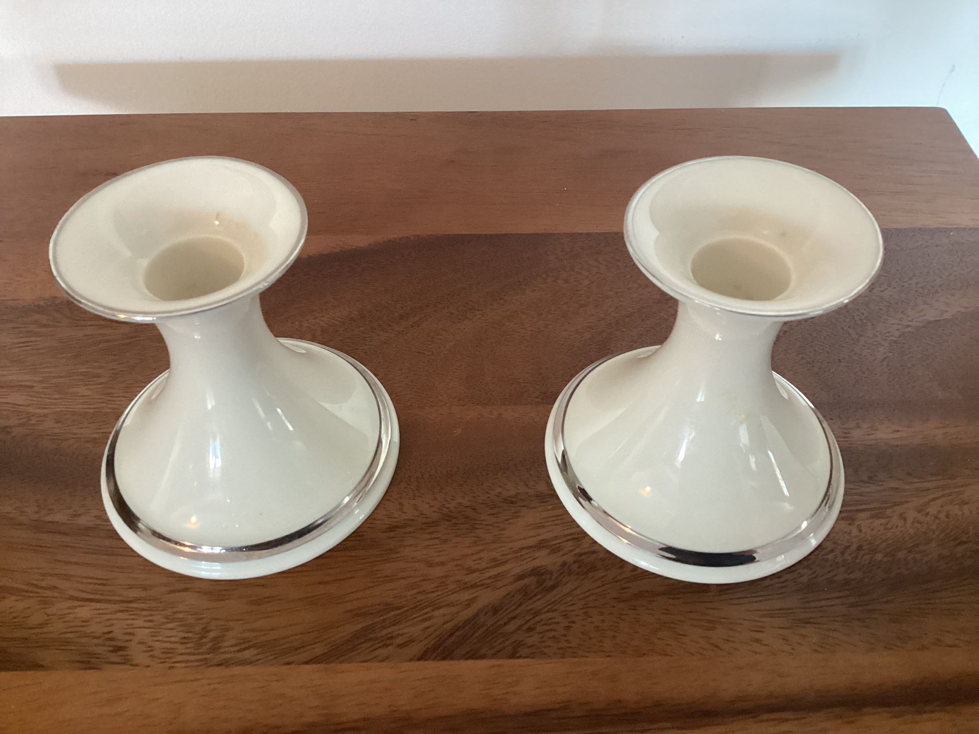 Lenox Porcelain Candle Holders Set of Two with silver trim.