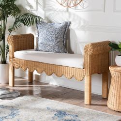  Handwoven Bo Ho  Natural Rattan Bench with Scalloped Detailing 