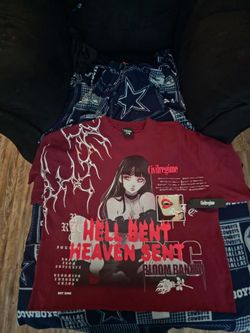 Civil Regime Hell Bent Heaven Sent Graphic Red Men's T-Shirt Raw Hem Crew Neck M (Oversized)