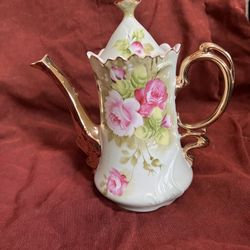 Lefton China Green heritage rose coffee / teapot & lid #3065