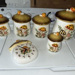 Vintage Sears Merry Mushroom Canister Set of 5 plus Clock