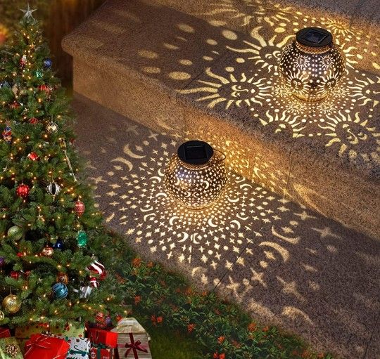 2Pack Solar Garden Lanterns Outdoor Hanging Lights Decorative Metal Moon Star Sun Solar Lanterns for Patio, Yard, Table, Pathway Decoration Waterproof