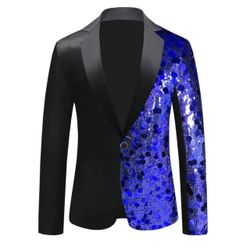 Color Block Peak Lapel One Button Formal Tuxedo Sparkly Patchwork Suit Jacket for
