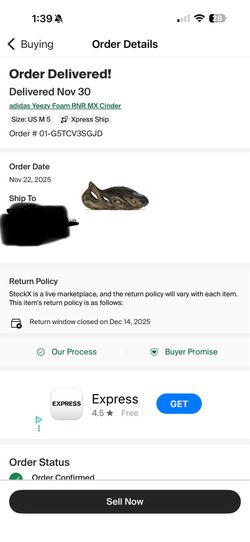 Adidas Yeezy Foam RNR MX Cinder Men's size 5