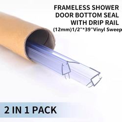 Shower Door Bottom Seal with Sweep 2Pack, 40”Length PVC Clear Strips for 1/2"(10mm) Thick Glass Door