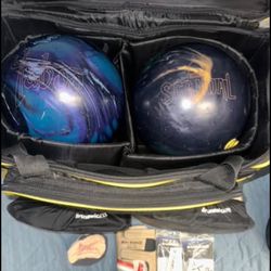 2 Bowling balls, bag, and accessories