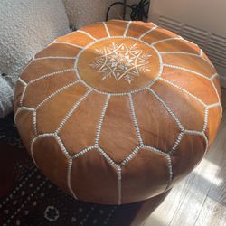Moroccan Leather Tan Pouf Ottoman