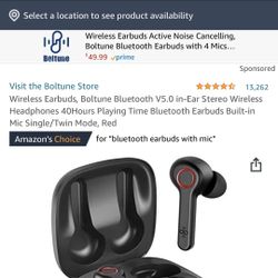 Wireless Earbuds, Boltune Bluetooth V5.0 in-Ear Stereo Wireless Headphones 40Hours Playing Time Bluetooth Earbuds Built-in Mic Single/Twin Mode, Red