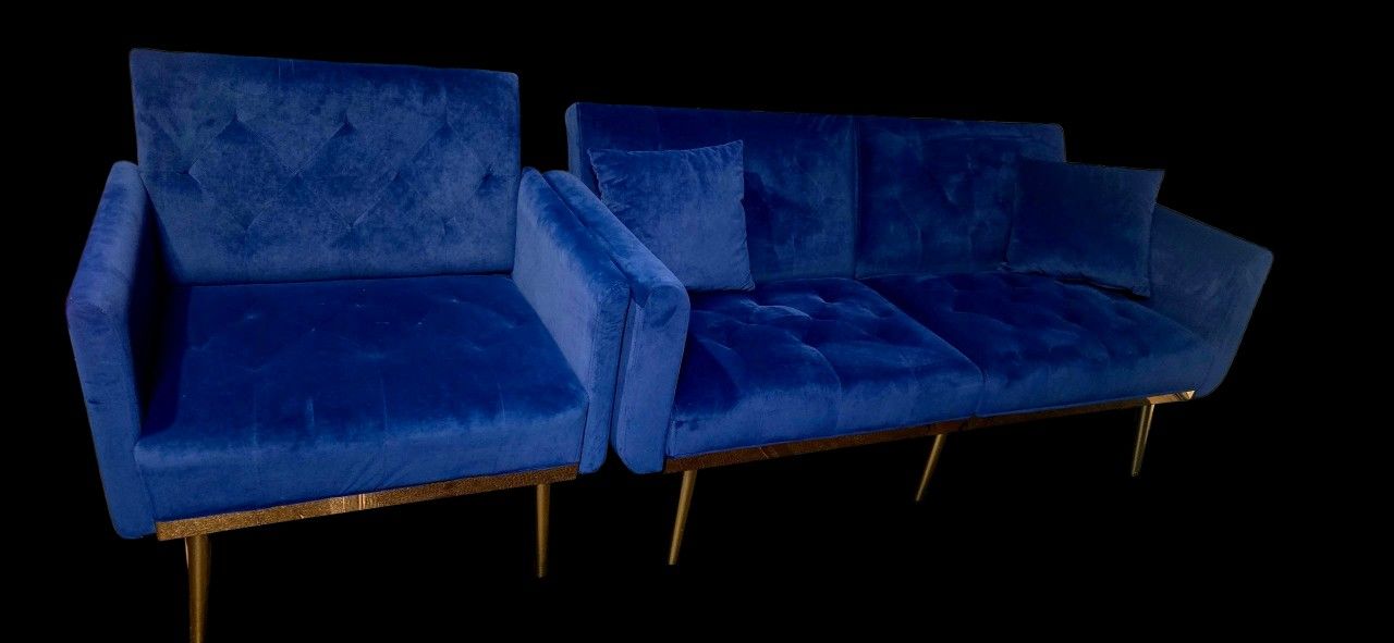 Square Velvet Accent Chair, Golden Metal Leg Single & 63" Accent Sofa, Mid Century Modern Velvet