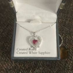 Sterling Silver, Created Ruby And White, Sapphire, Ladies Heart, Necklace