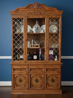 Tall Ornate Wood China Cabinet / Hutch - Lighted Glass Display + Storage