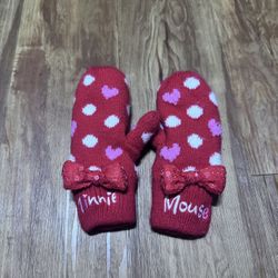Disneyland Paris Minnie Mouse Gloves Mitten Kids Youth Size Hearts Print Bow Red