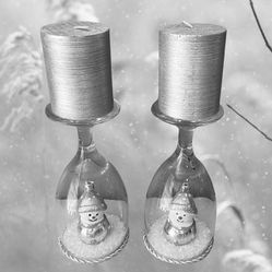 Silver Snowman Wine Glass Candle Holders w/Silver Tied Candles