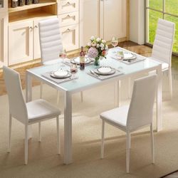  Gizoon 5 Piece Glass Dining Table Set, Kitchen Table and Chairs for 4, PU Leather Modern Dining Room Sets for Home, Kitchen, Dining Room