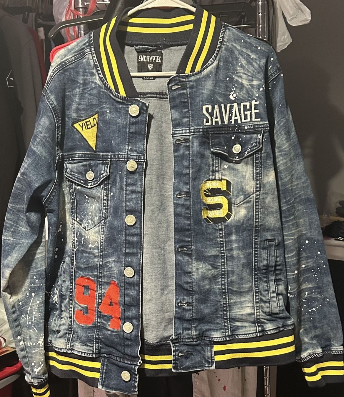 Encrypted L Denim Savage Jacket With Paint Splatter, Let Make A Offer