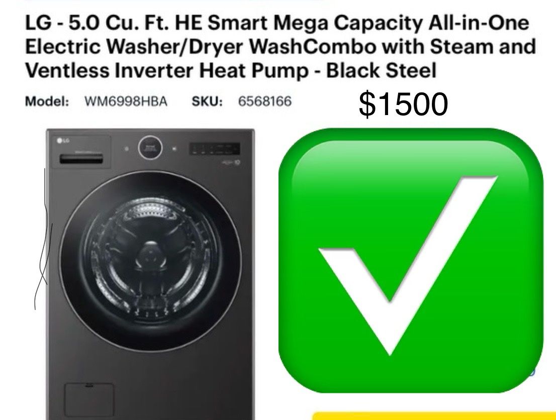L - 5.0 Cu. Ft. HE Smart Mega Capacity All-in-One Electric Washer/Dryer WashCombo with Steam and Ventless Inverter Heat Pump - Black Steel Model: WM69