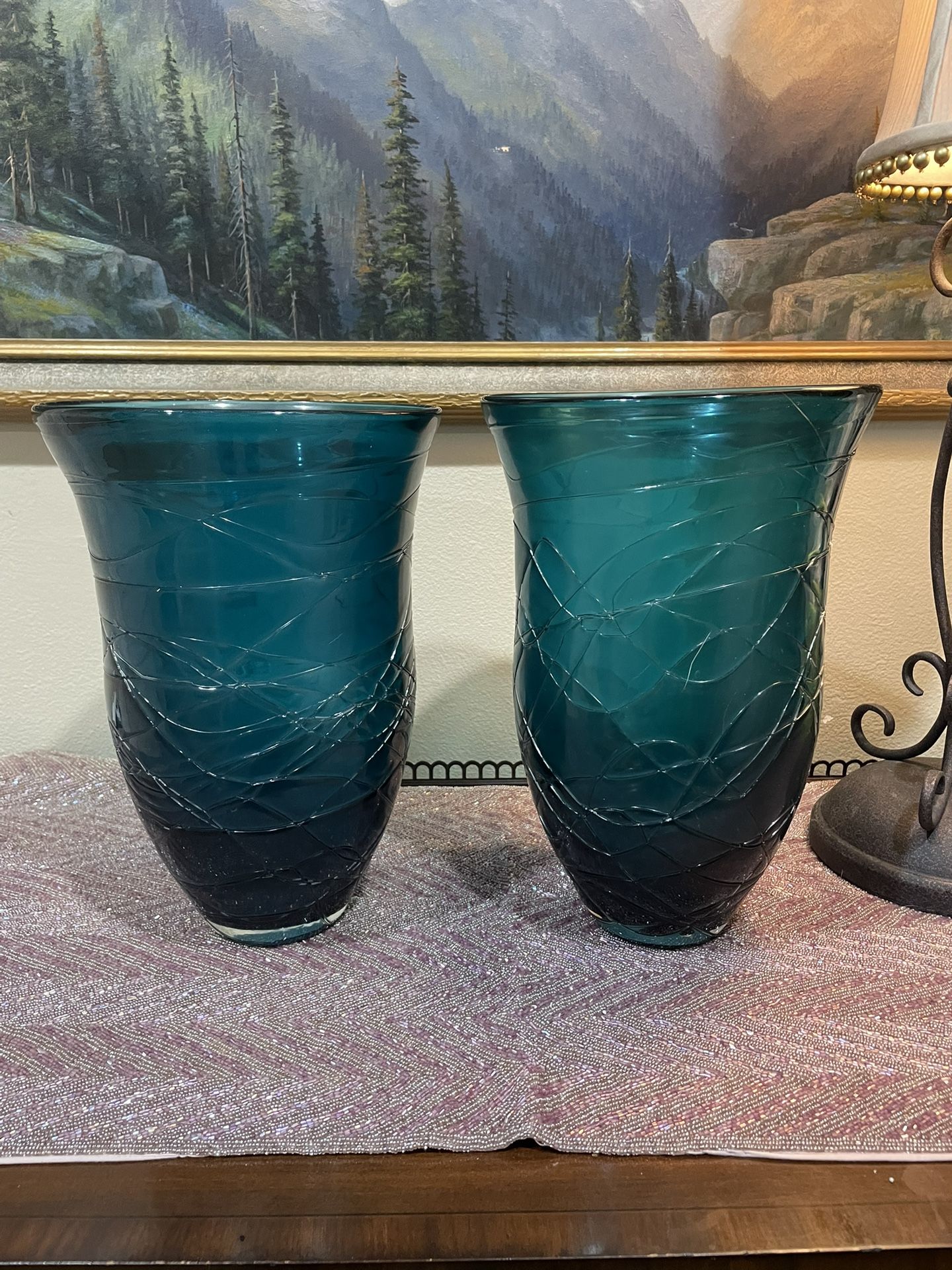Pair Vintage Antique Threaded Wrapped Teal Art Glass Vase 12”