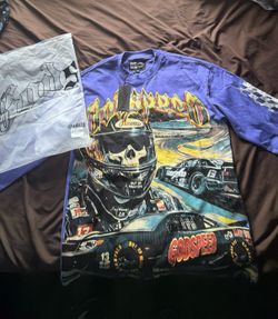 Godspeed long sleeve shirt with graphic of a skull in a racing helmet with a race car, size M