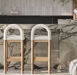 Set of 2  -  Interiortonic Teak & Boucle Bar Height Bar Chairs [FULLY ASSEMBLED] [NEW IN BOX] **Retails for $1080