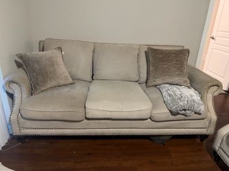 FREE Beige Fabric Sofa with Nailhead Trim