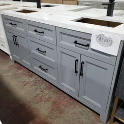 72in Hardwood Bathroom Vanity With Quartz Top, Sinks And Backsplash Included! 