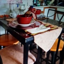 Tall Bar Table With Marble Top Comes With 2 Chars And 2 Bar Stools.