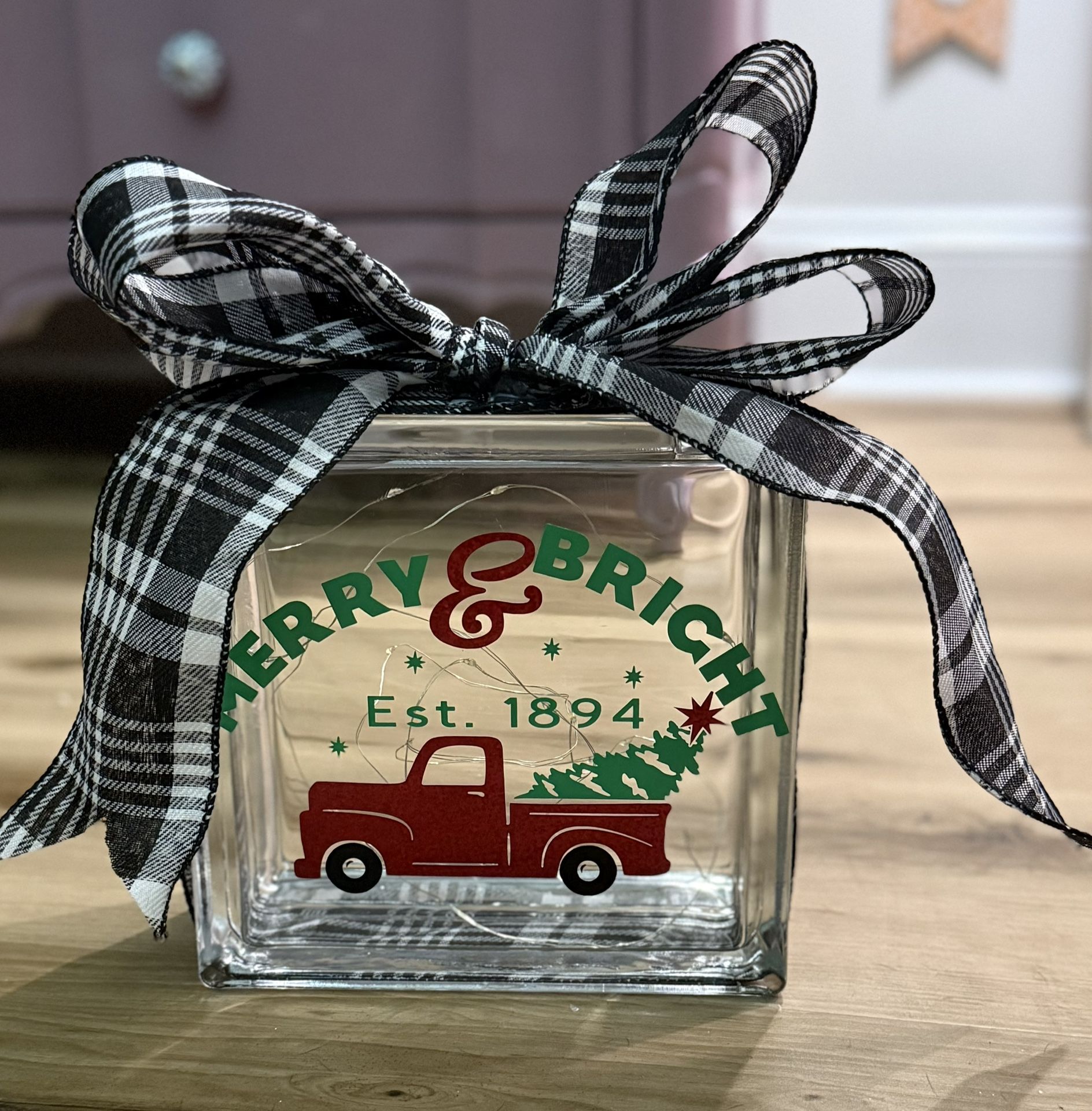 Glass square block with lights(Merry & Bright)