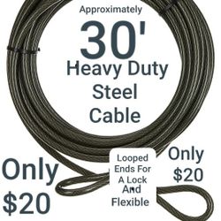 30' Feet HEAVY DUTY STEEL SECURITY  FLEXIBLE  CABLE  LIKE NEW ONLY $20 !  ! !