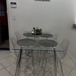 51 inch Glass Dining Table Set for 4, Dining Table & Chair Sets with Silver Plating Legs for Kitchen