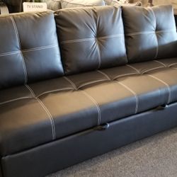 Brand New 84" x 57" Black Leather Sofa Bed
