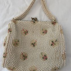 Vintage  1950s  Lumured  Purse  Beaded off white,Floral bouquet,beneath clear beads. Creates a shabby chic look. MCM 