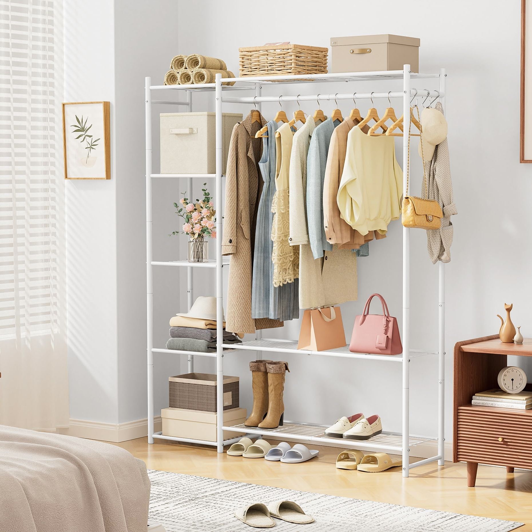 Wardrobe Closet Portable Clothes Rack with Shelves Freestanding Organizer Storage White Shoes