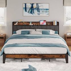 California King Bed Frames, Storage Headboard with Charging Station, Solid and S