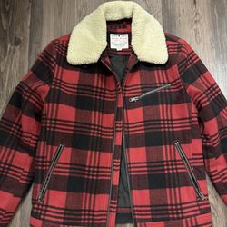 Lucky brand men’s black and red plaid sherpa jacket with removable collar small