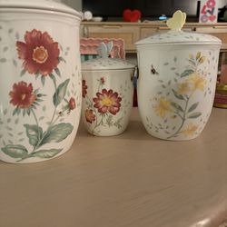 Lenox Floral Ceramic Canister Set – Butterfly Lid Handles – Cottagecore Kitchen Decor (Set of 3)