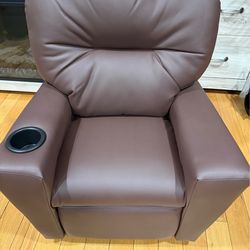 Brown Leather Kids Recliner with Cup Holder