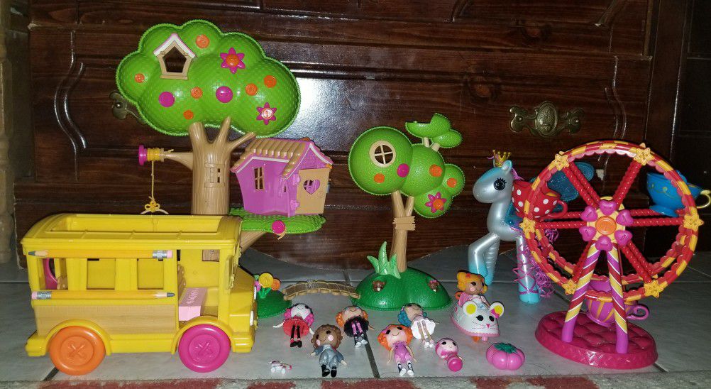 Lalaloopsy Mini Dolls Play Set Lot. Dolls, Tree House, Ferris Wheel, School Bus & Horse.