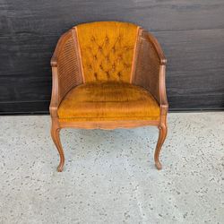 Vintage Tufted Back Barrel Chair With Cane Sides Antique