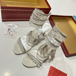 Designer Rene Caovila Chandelier Clear Crystals Silver Sandals Heels 36.5