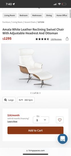 Amala White Leather Reclining Swivel Chair With Adjustable Headrest And Ottoman