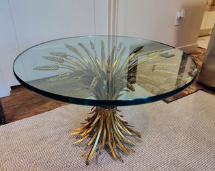 Hollywood Regency Vintage Gilt Wheat Sheaf Side Table - 24" Round Glass Top 3/4" Thick
