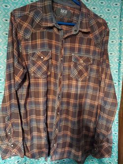 Men's Shirts, 3 BKE, Size X-large, $12.00 each, 1 Outpost Markers, Size - large $12.00. 1 Depart WEST Size XL. 1 Gentry County Size XL