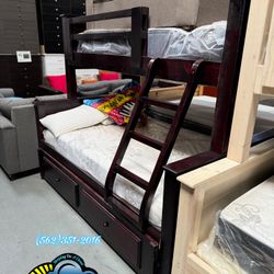 Twin / Full / Full Complete Bunk Bed Dark Cherry Mattresses Included 