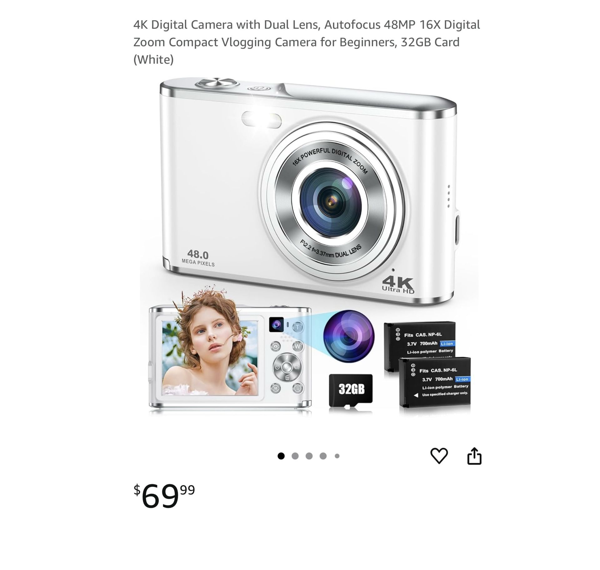 Brand new 4K Digital Camera with Dual Lens, Autofocus 48MP 16X Digital Zoom Compact Vlogging Camera for Beginners, 32GB Card (White) Whitestone/Flush