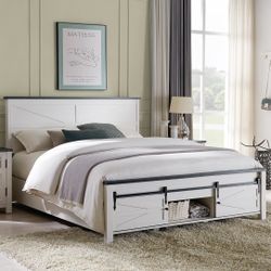  King Farmhouse Wood Bed Frame with Sliding Barn Door Storage Cabinets, Solid Wood Slats Support, Noiseless, No Box Spring Needed, Antique White