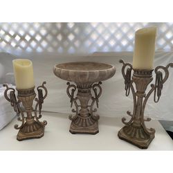 Decorative Vintage Pillar Candle Base Holder and Bird Bath Bowl Heavy Rustic Ornate Resin 