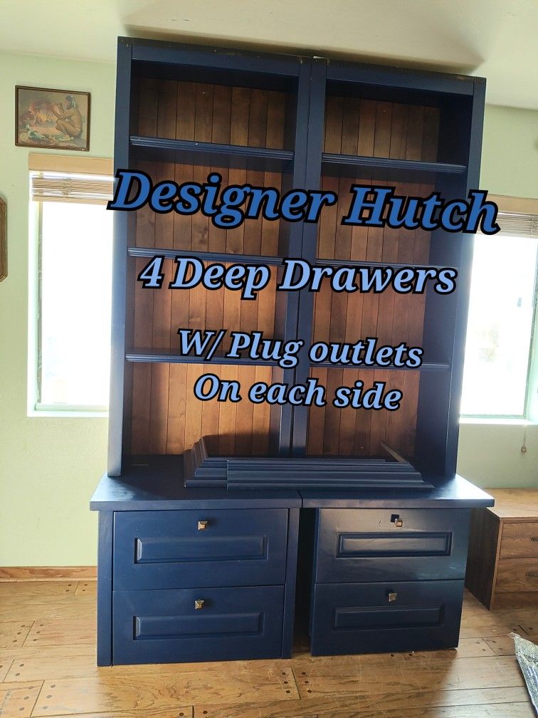 Dark Blue Designer Hutch/Bookcase, 4 Drawers, 2 Built In Outlets