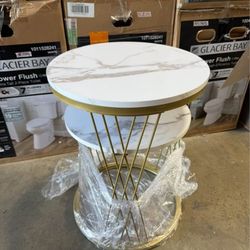 Finmind 2-Tier Modern Side Table with Faux Marble Shelves and White Gold Frame, Round End Bedside